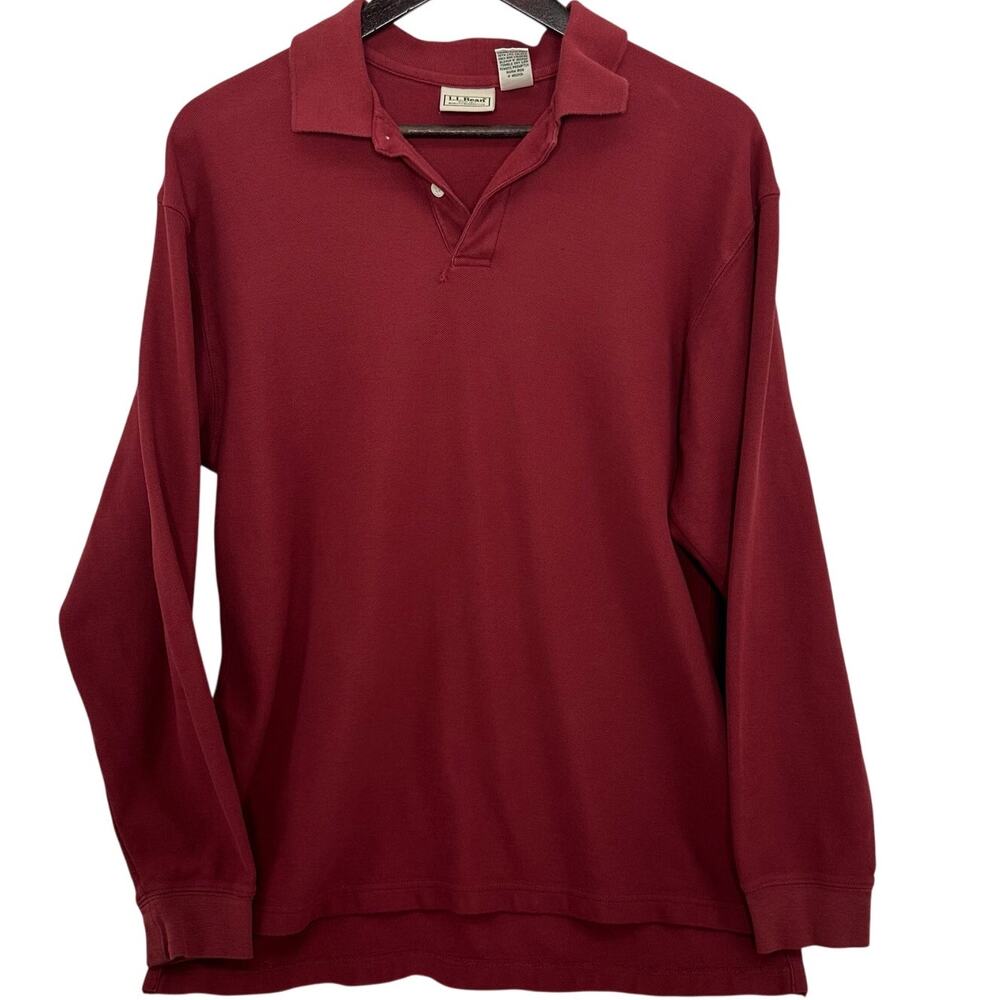 L.L.Bean Polo Shirt Mens M Red Long Sleeve Cotton OKA81 Mended Flaw